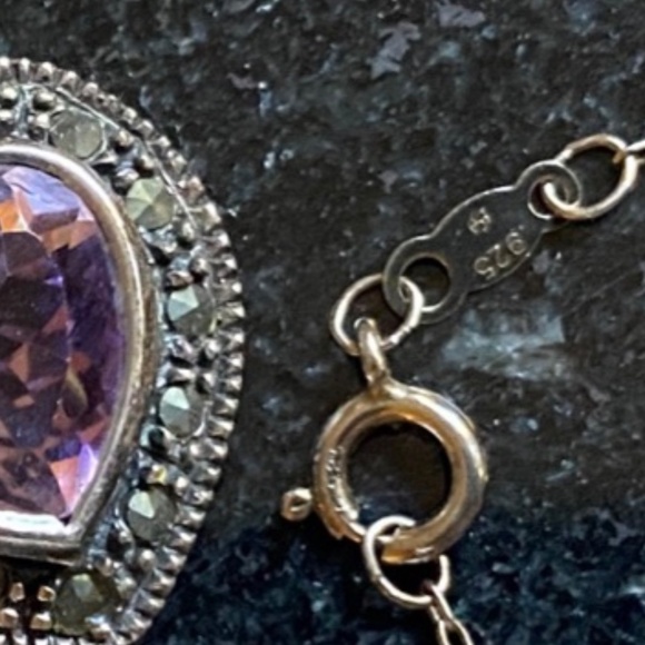 Sterling Silver Marcasite & Amethyst Heart Necklace - Picture 3 of 7